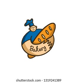 vector bakery logo, round label male chef in cap with loaf in modern style.