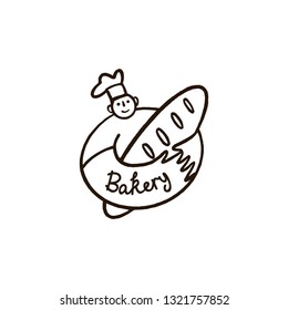 vector bakery logo, round label male chef in cap with loaf in modern style.