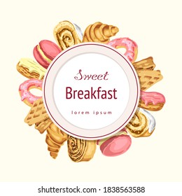 Vector Bakery Or Pastry Label, Round Composition, Badge In Gentle Pastel Colors With Sweets. Sweet Breakfast Illustration. Vintage Logo Template For Homemade Pastries, Baking And Desserts. Sticker