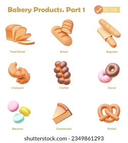 Vektorbäckerei und Konditoreiwaren Symbol Set. Brot, Baguette, Croissant, Herausforderah, Donut, Makaron, Käsekuchen und Brezel-Symbole