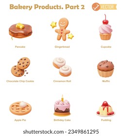 Vector bakery and pastry products icon set. Pancake, gingerbread, cupcake, cookies, cinnamon roll, muffin, apple pie, birthday cake and pudding icons