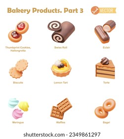 Vector bakery and pastry products icon set. Thumbprint cookies, Swiss roll, eclair, biscuits or cracker, lemon tart, torte, meringue, waffles, bagel