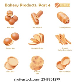 Vector bakery and pastry products icon set. Milk bun, hot dog and burger buns, sausage bread, sandwich bread, grissini, pizza base, flatbread, tart