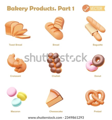 Vector bakery and pastry products icon set. Bread, baguette, croissant, challah, donut, macaron, cheesecake and pretzel icons