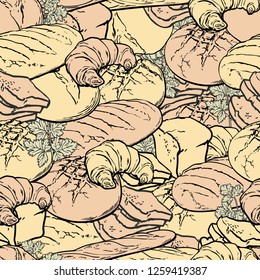 Vector bakery products package seamless pattern background with white, brown bread loafs, french croissant, baguette. Pastry food sketch elements backdrop.