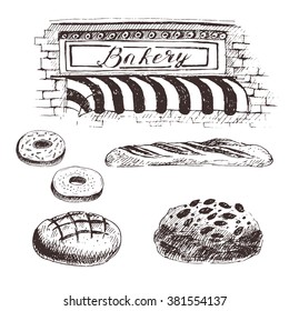 vector bakery products sketch drawing, bread, buns, french baguette