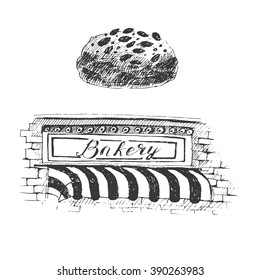 vector bakery products sketch drawing, bread, bun, bakery label