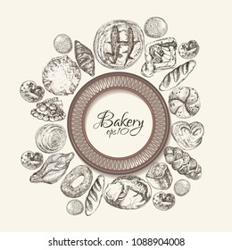 Vector bakery retro background. Frame in wreath shape with bread and pastry sweets. Vintage Illustration with bread. Hand drawn sketch.