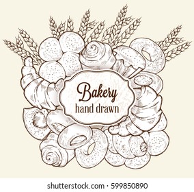 Vector bakery retro background with place for text. Vintage hand drawn illustration with bread and bakery. Sketch style, sticker, banner, logo