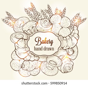 Vector bakery retro background with place for text. Vintage hand drawn illustration with bread and bakery. Sketch style, sticker, banner, logo