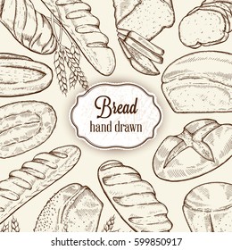 Vector bakery retro background with place for text. Vintage hand drawn illustration with bread and bakery. Sketch style, sticker, banner, logo