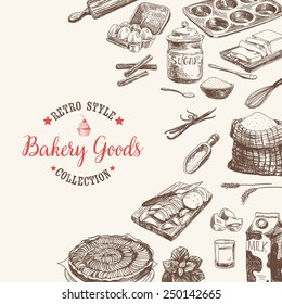 Vector bakery retro background. Vintage Illustration with milk, sugar, flour, vanilla, eggs, mixer, baking powder, rolling, whisk, spoon vanilla bean, butter and kitchen dish.