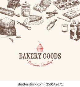 Vector bakery retro background. Vintage Illustration with milk, sugar, flour, vanilla, eggs, mixer, baking powder, rolling, whisk, spoon vanilla bean, butter and kitchen dish.