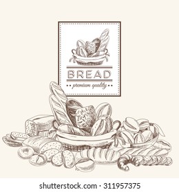 Vector bakery retro background. Vintage Illustration with bread. Sketch.