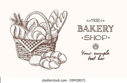 Vector bakery retro background. Vintage Illustration with bread. Sketch.