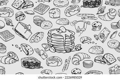 Vector bakery retro seamless pattern. Vintage Illustration. Sketch