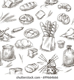 Vector bakery retro seamless pattern. Vintage Illustration. Sketch bread