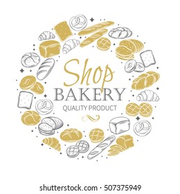Vector bakery round banner. Bakery product monochrome decorative icons.