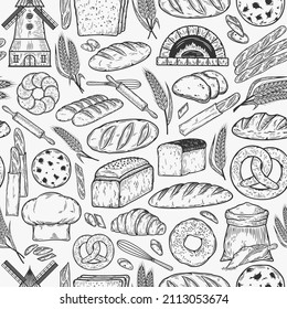 Vector Bakery Seamless Pattern, Baked Goods Icons