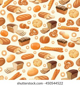 Vector bakery seamless pattern with cartoon bread. Bakery food illustration and tasty fresh bakery for breakfast