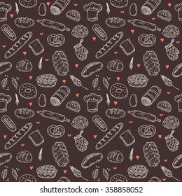 Vector bakery seamless pattern. Hand drawn collection. Background with bakery products. Vector illustration