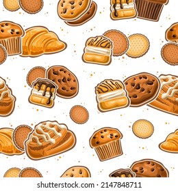 Vector Bakery Seamless Pattern, repeating background with set of cut out illustrations sweet bakery, butter cookies, french sweets with whipped creme and icing danish cinnamon roll on white background