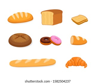 Vector bakery set - bun, rye and cereal bread, baguette and loaf. Cartoon dough products, croissant and donut.