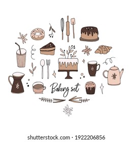 Vector bakery set. Hand drawn illustrations. Set of food and dishes are perfect for pastry shop design, cafe menu, confectioner logo, label, postcard, poster