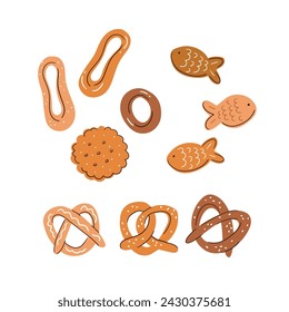 Vector bakery set of isolated  design elements in hand-drawn style. Stylized illustrated food on white background. Illustrated galettes, cracker, biscuits and bagels.