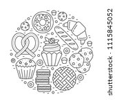 Vector Bakery shop banner template, made in shape of circle. Confectionery products - donut, pie, cupcake, cookies, macaroons
