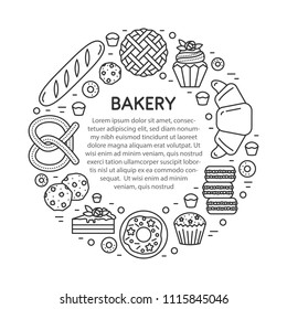 Vector Bakery shop banner template with place for text, made in shape of circle. Confectionery products - donut, pie, cupcake, cookies, macaroons