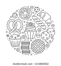 Vector Bakery shop banner template, made in shape of circle. Confectionery products - donut, pie, cupcake, cookies, macaroons