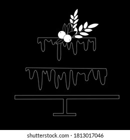 Vector bakery shop logo. Chocolate cake emblem. Line art sweet logotype isolated on black background for postcard, wedding invitations, greeting cards, business card