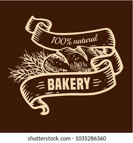 Vector bakery shop logo with hand drawn bread and ribbons illustration. 100% natural bread.For signage, logos, branding, label, product packaging.