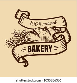 Vector bakery shop logo with hand drawn bread and ribbons illustration. 100% natural bread.For signage, logos, branding, label, product packaging.