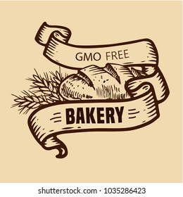 Vector bakery shop logo with hand drawn bread and ribbons illustration. GMO free bread.For signage, logos, branding, label, product packaging.