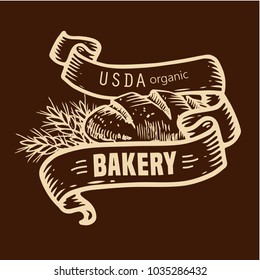 Vector bakery shop logo with hand drawn bread and ribbons illustration. USDA organic bread.For signage, logos, branding, label, product packaging.
