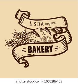 Vector bakery shop logo with hand drawn bread and ribbons illustration. USDA organic bread.For signage, logos, branding, label, product packaging.