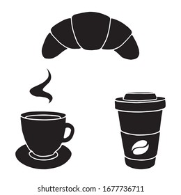 Einfache Vorlage für das Logo eines Bäckereiladen mit Croissant, Kaffee und Tee. Vektorillustration Croissant Ikone oder Logo für Bäckerei, Konditorei, Konditorei, Café. Flaches Design.