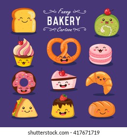 Vector bakery and sweet cartoon characters illustration set.