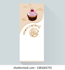 Vector bakery vertical banner. Design for grocery, bakery, dessert menu, pastry shop, recipe book, cooking manual . With place for text. Cherry cupcake. 