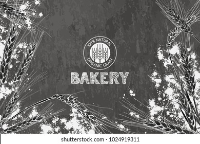 Vector bakery vintage background design. Hand drawn sketch illustration of wheat, flour on dark slate stone background. Concept for bakery menu, organic flour, grain and cereal products.