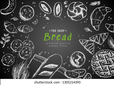 Vector bakery vintage background design. Hand drawn bread sketch illustration with wheat, flour on dark background. Concept for bakery menu, organic flour, grain and cereal products.