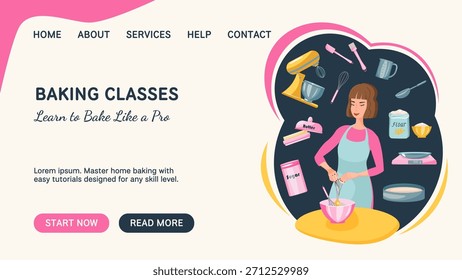 Vektor-Backkurse Banner mit einer Frau brechen Eier in eine Schüssel, um Teig von Küchengeräten und Zutaten umgeben vorzubereiten. Backhintergrund für Bäckereiwerbung, Dessertrezepte, Kochkurse und Food-Blogs.