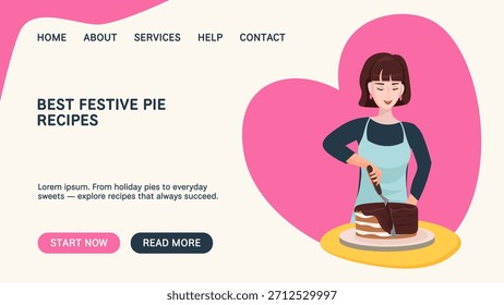Vektor-Backkurse Banner mit einer Frau Vorbereitung und Dekoration Schokoladenkuchen. Backhintergrund für Bäckereiwerbung, Dessertrezepte, Kochkurse und Food-Blogs.