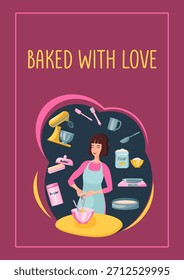 Vektor-Backkurse Poster mit einer Frau brechen Eier in eine Schüssel Teig, Küchenutensilien und Zutaten vorzubereiten. Karte für Bäckereiwerbung, Dessertrezepte, Kochkurse und Food-Blogs.