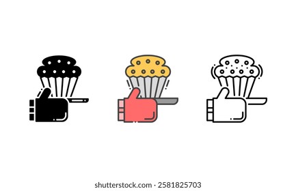 Vector baking icon featuring a cupcake and a baking glove, symbolizing the hobby of baking and pastry-making. Outline, Glyph and Filled Outline Style