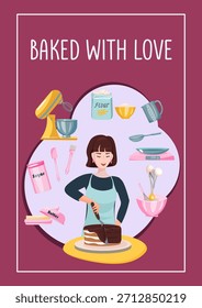Vektor-Backplakat mit einer Frau, die Schokoladenkuchen zubereitet und dekoriert. Backhintergrund für Bäckereiwerbung, Dessertrezepte, Kochkurse und Food-Blogs.