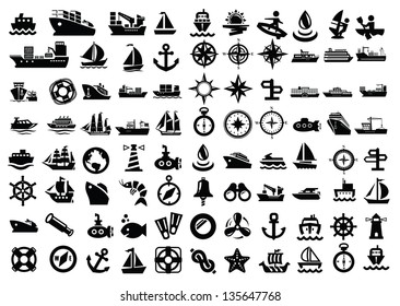 vector balack boat and ship icons set