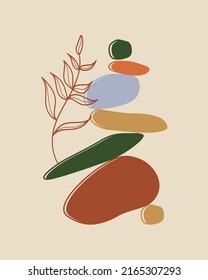 Vector Balanced Pebbles With Leaves Isolated On Beige Background.